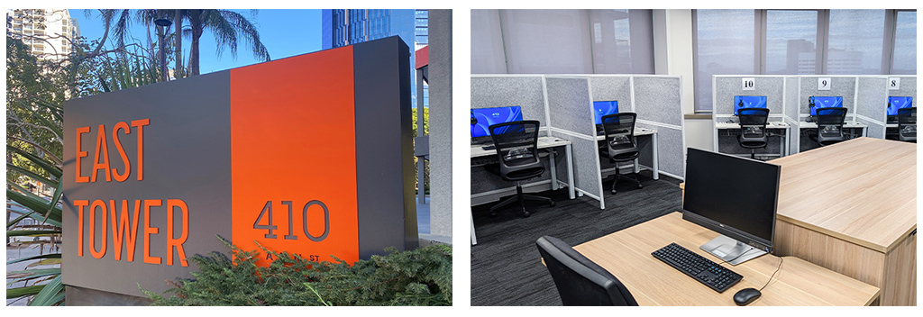 East Tower 410 Ann Street exterior signage and computer lab in testing center